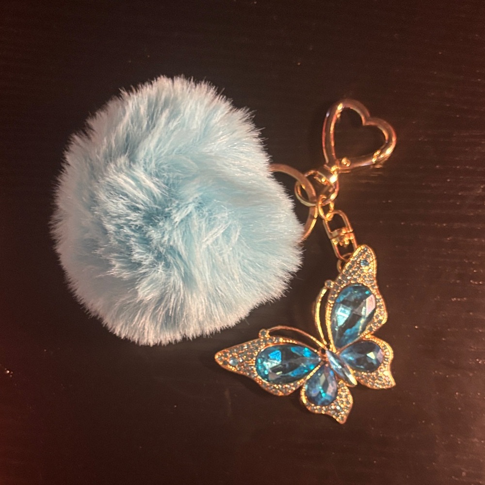 Blue and Gold Butterfly Keychain with Pom Pom